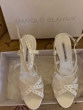 Manolo Blahnik White Studded Leather Strappy Heels